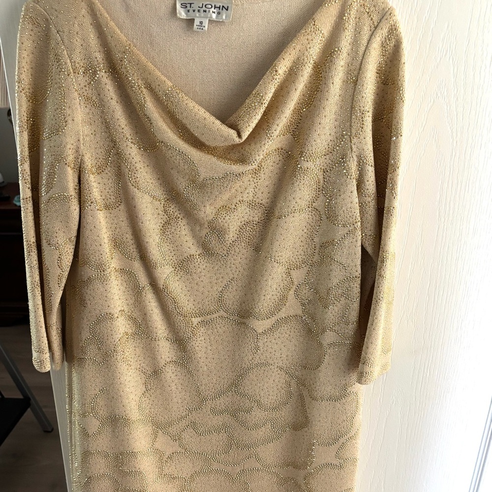 St. John Gold Draped Cowl Neck Evening/ Cocktail Dress